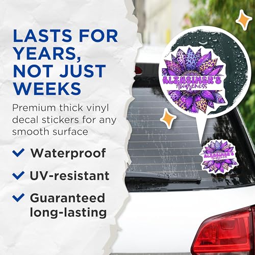 (2 Pack) Alzheimers Awareness Stickers - Purple Flower Art - Support Stickers for Health Awareness - 5" On Longest Side - Sticks to Smooth Flat Surfaces - Made in USA - BMCS9781