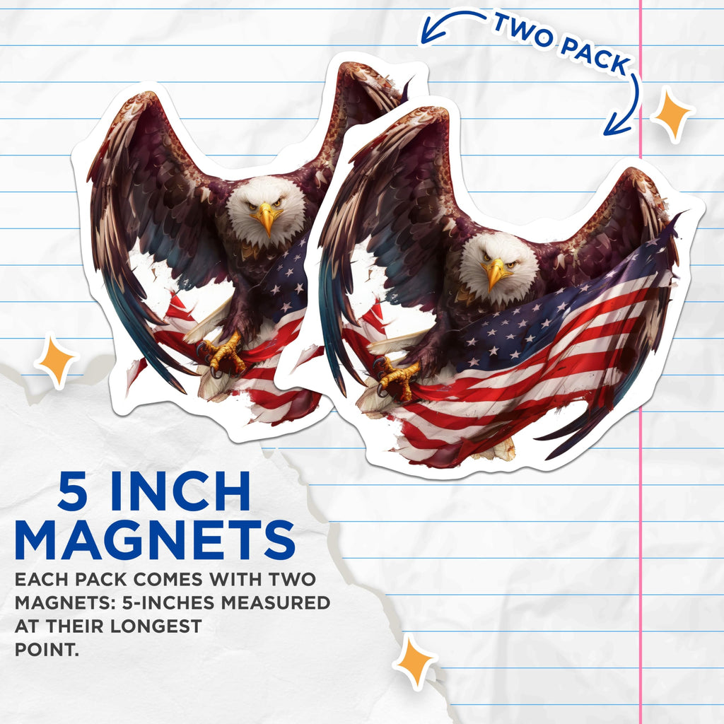 (2 Pack) Bald Eagle Magnets - American Flag Design - Patriotic USA Decor - Freedom Symbol Art - Veteran Appreciation Display - 5 Inches On Longest Side - Thick Durable Magnet - Made in USA - MAG23181