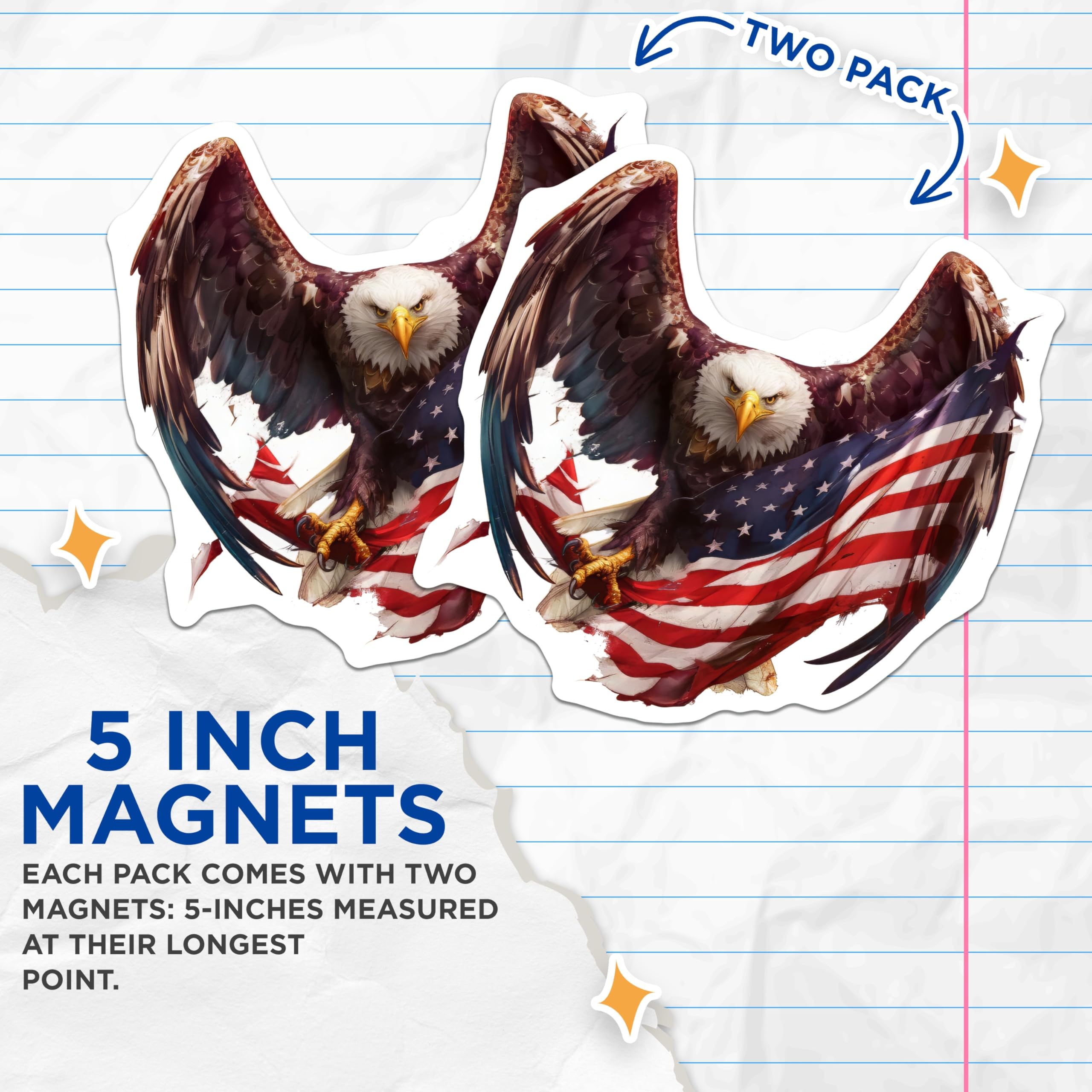 (2 Pack) Bald Eagle Magnets - American Flag Design - Patriotic USA Decor - Freedom Symbol Art - Veteran Appreciation Display - 5 Inches On Longest Side - Thick Durable Magnet - Made in USA - MAG23181