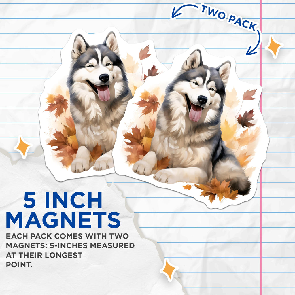(2 Pack) Husky Dog Magnets - Autumn Leaves Decor - Fall Pet Art - Dog Lover Item - Refrigerator Display - 5 Inches On Longest Side - Thick Durable Magnet - Made in USA - MAG28264