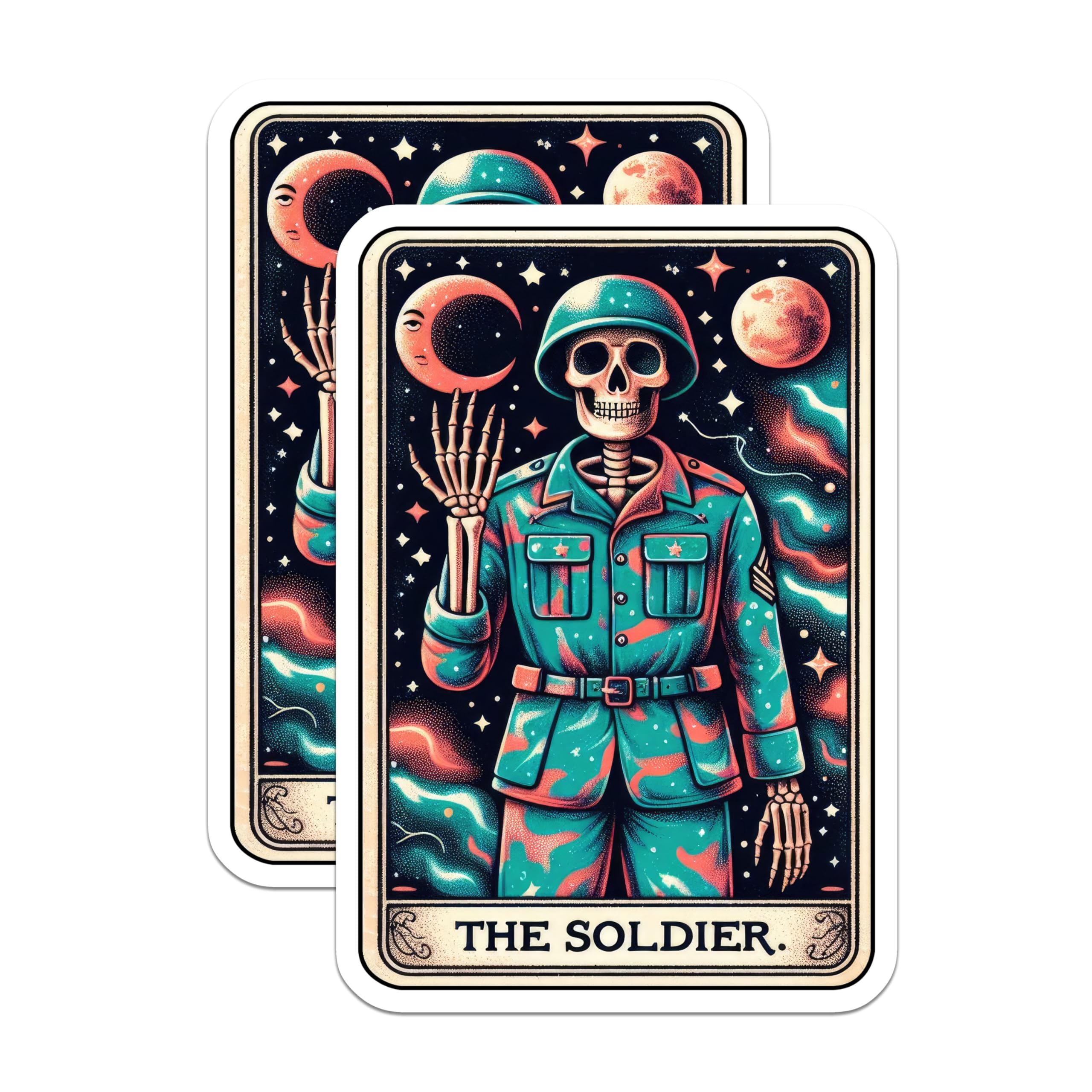 (2 Pack) Skeleton Soldier Stickers - Retro Military Sticker - Cosmic Soldier Sticker - 5" On Longest Side - Sticks to Smooth Flat Surfaces - Made in USA - BMCS5501