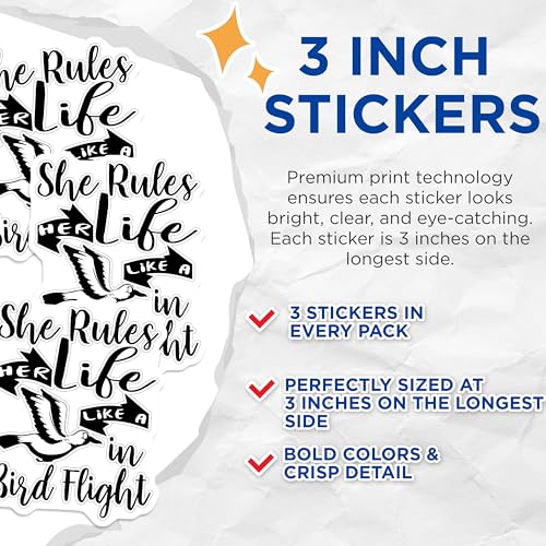 (3 Pack) She Rules Decals - Bird Flight Stickers - Laptop Bumper Decals - 3 Inches On Longest Side - Easy Peel & Apply - Made in USA - 3MCS4072