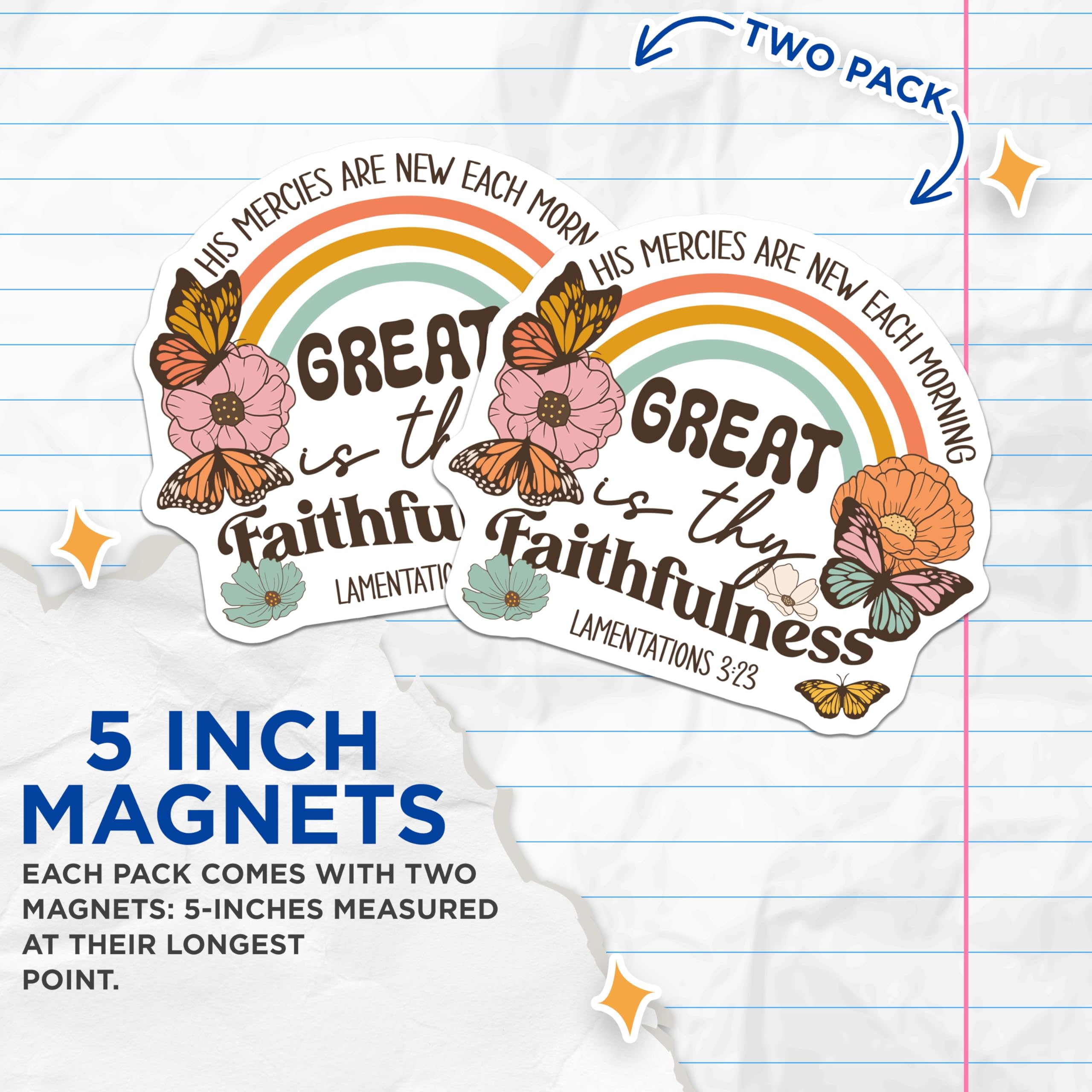 (2 Pack) Great is Thy Faithfulness Magnets - Christian Scripture Verse - Rainbow Butterfly Home Decor - Lamentations 3:23-5 Inches On Longest Side - Thick Durable Magnet - Made in USA - MAG19205