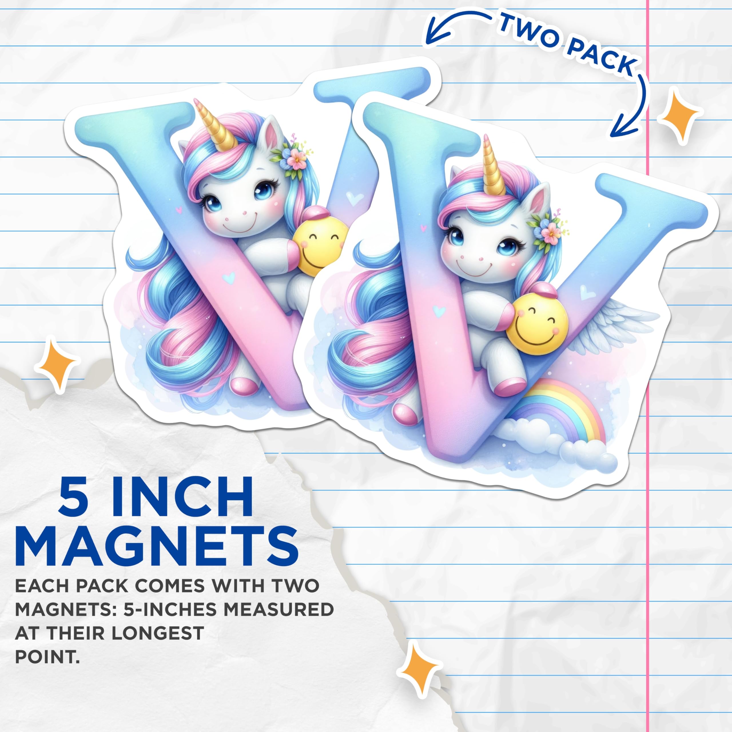 (2 Pack) Unicorn Letter V Magnets - Rainbow and Emoji - Alphabet Magnets - 5" On Longest Side - Premium Magnet - for Cars, Refrigerators, Toolboxes, Lockers - Made in USA - MAG14663