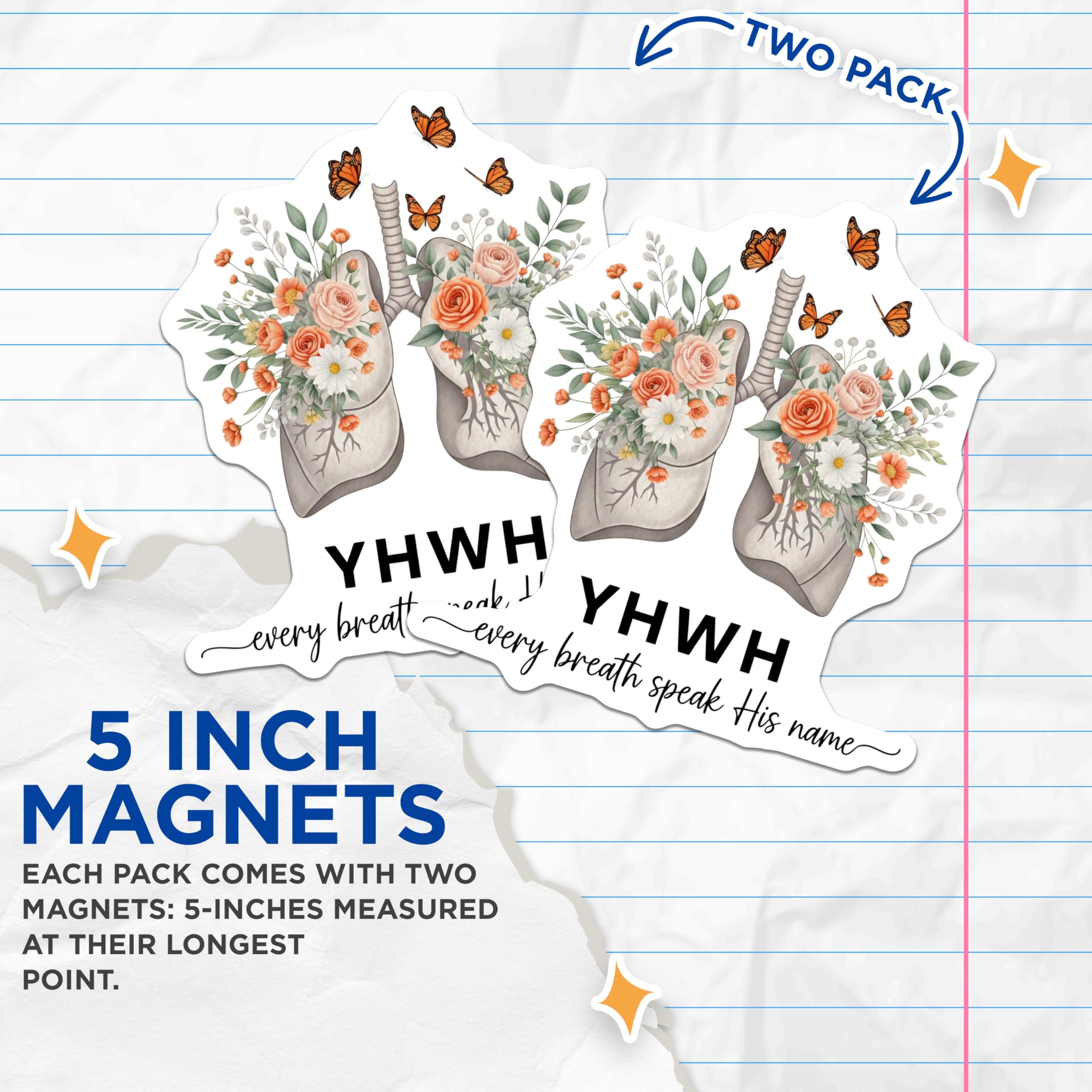 (2 Pack) Floral Lungs Magnets - YHWH Christian - Every Breath Decor - 5" On Longest Side - Premium Magnet - for Cars, Refrigerators, Toolboxes, Lockers - Made in USA - MAG14770