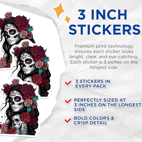 (3 Pack) Sugar Skull Decals - Floral Skull Sticker - Day of Dead Decals - 3 Inches On Longest Side - Easy Peel & Apply - Made in USA - 3MCS7968