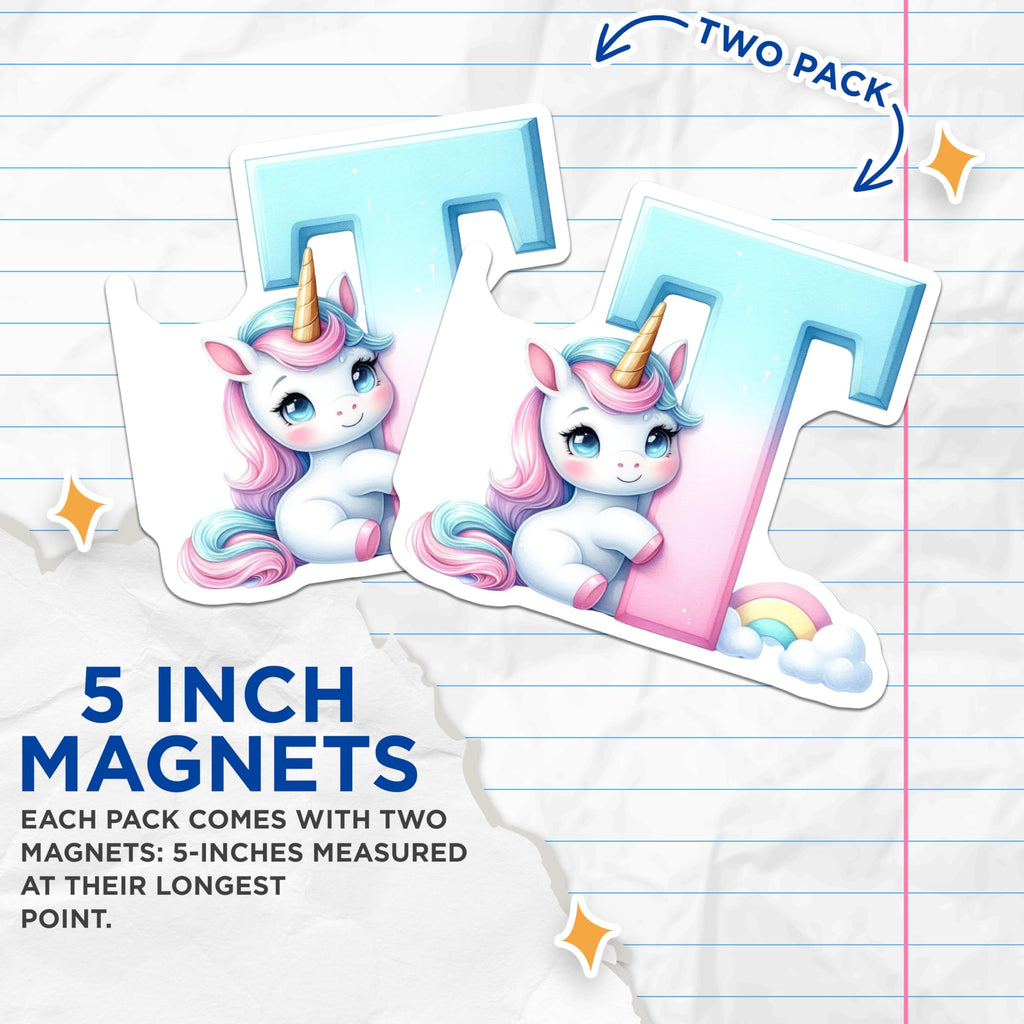 (2 Pack) Letter T Unicorn Magnets - Initial T Decor - Alphabet Fridge Magnets - 5" On Longest Side - Premium Magnet - for Cars, Refrigerators, Toolboxes, Lockers - Made in USA - MAG15277