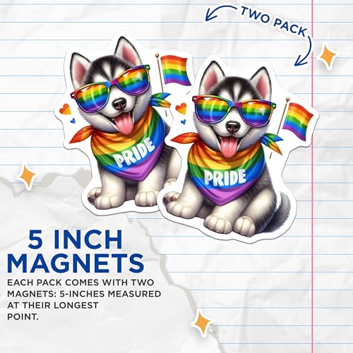 (2 Pack) Pride Husky Pup Magnets - Rainbow Dog - LGBTQ+ Support - Cute Puppy - Festive Decor - 5" On Longest Side - for Cars, Fridges, Toolboxes - Made in USA - MAG7158