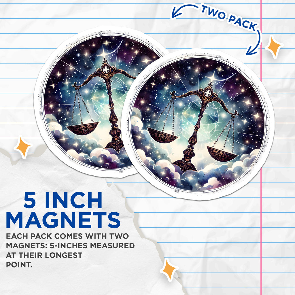 (2 Pack) Libra Zodiac Magnets - Astrological Balance Scale - Cosmic Horoscope Decor - 5 Inches On Longest Side - Thick Durable Magnet - Made in USA - MAG36506