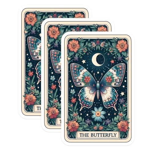 (3 Pack) Butterfly Tarot Decals - Floral Moon Stickers - Aesthetic Laptop Decal - 3 Inches On Longest Side - Easy Peel & Apply - Made in USA - 3MCS4128