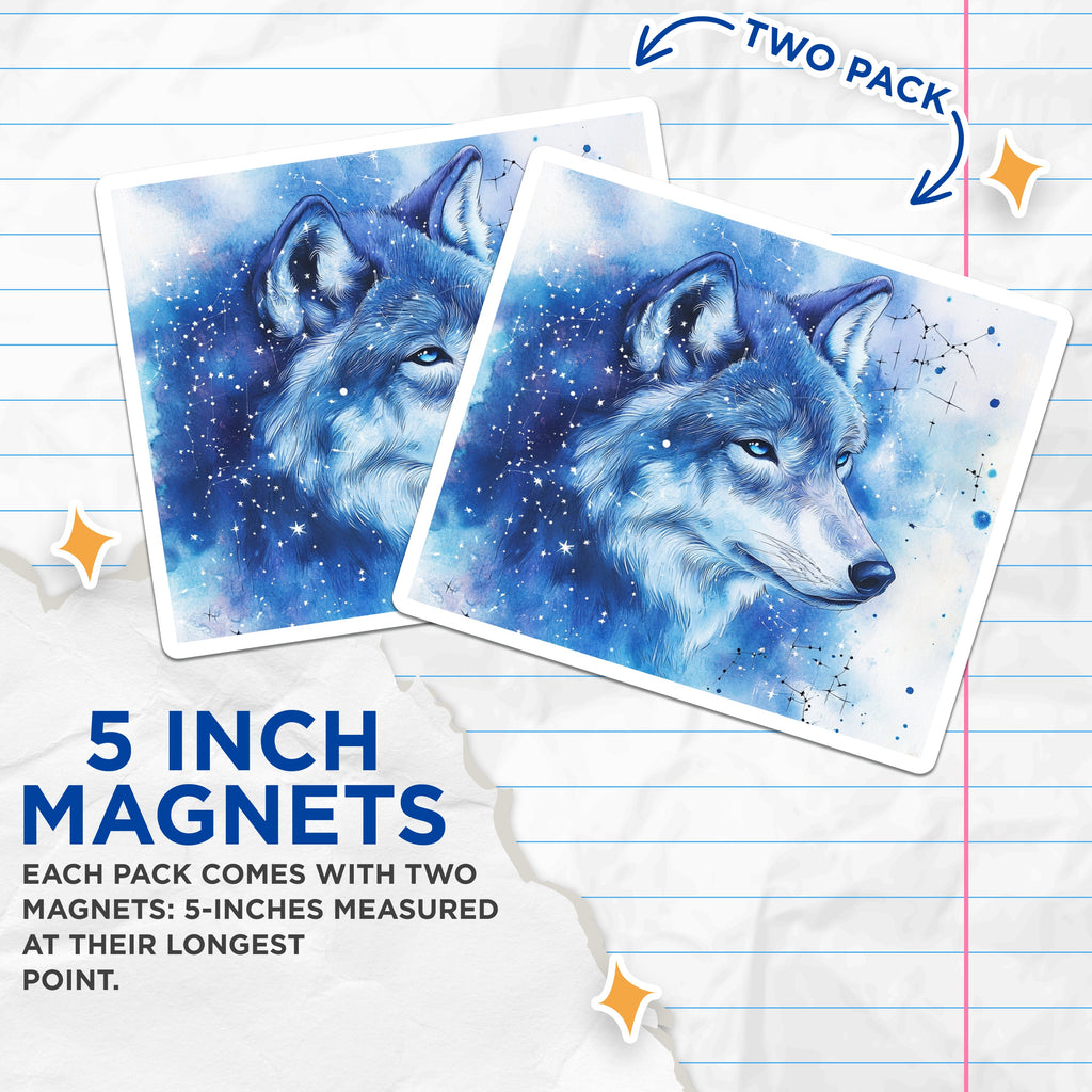 (2 Pack) Celestial Wolf Magnets - Starry Sky Art - Mystic Animal Decor - 5 Inches On Longest Side - Thick Durable Magnet - Made in USA - MAG39541