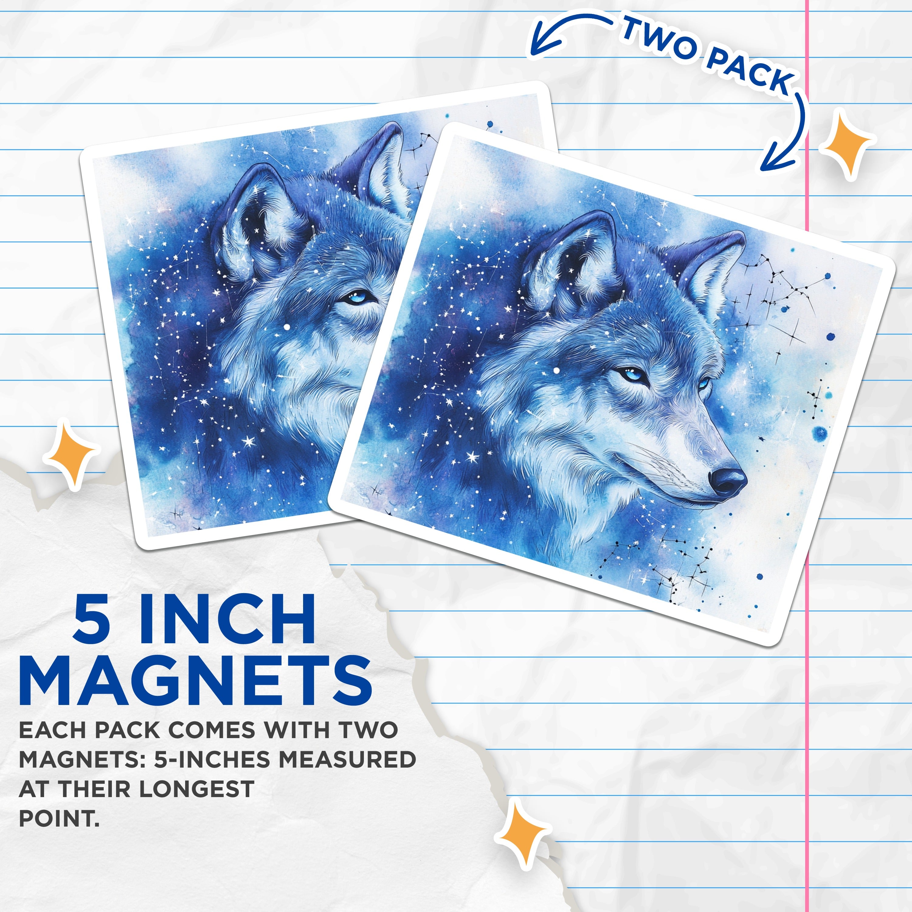 (2 Pack) Celestial Wolf Magnets - Starry Sky Art - Mystic Animal Decor - 5 Inches On Longest Side - Thick Durable Magnet - Made in USA - MAG39541