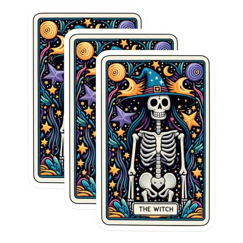 (3 Pack) Witch Tarot Card Decals - Spooky Skeleton - Halloween Laptop Decal - 3 Inches On Longest Side - Easy Peel & Apply - Made in USA - 3MCS4285