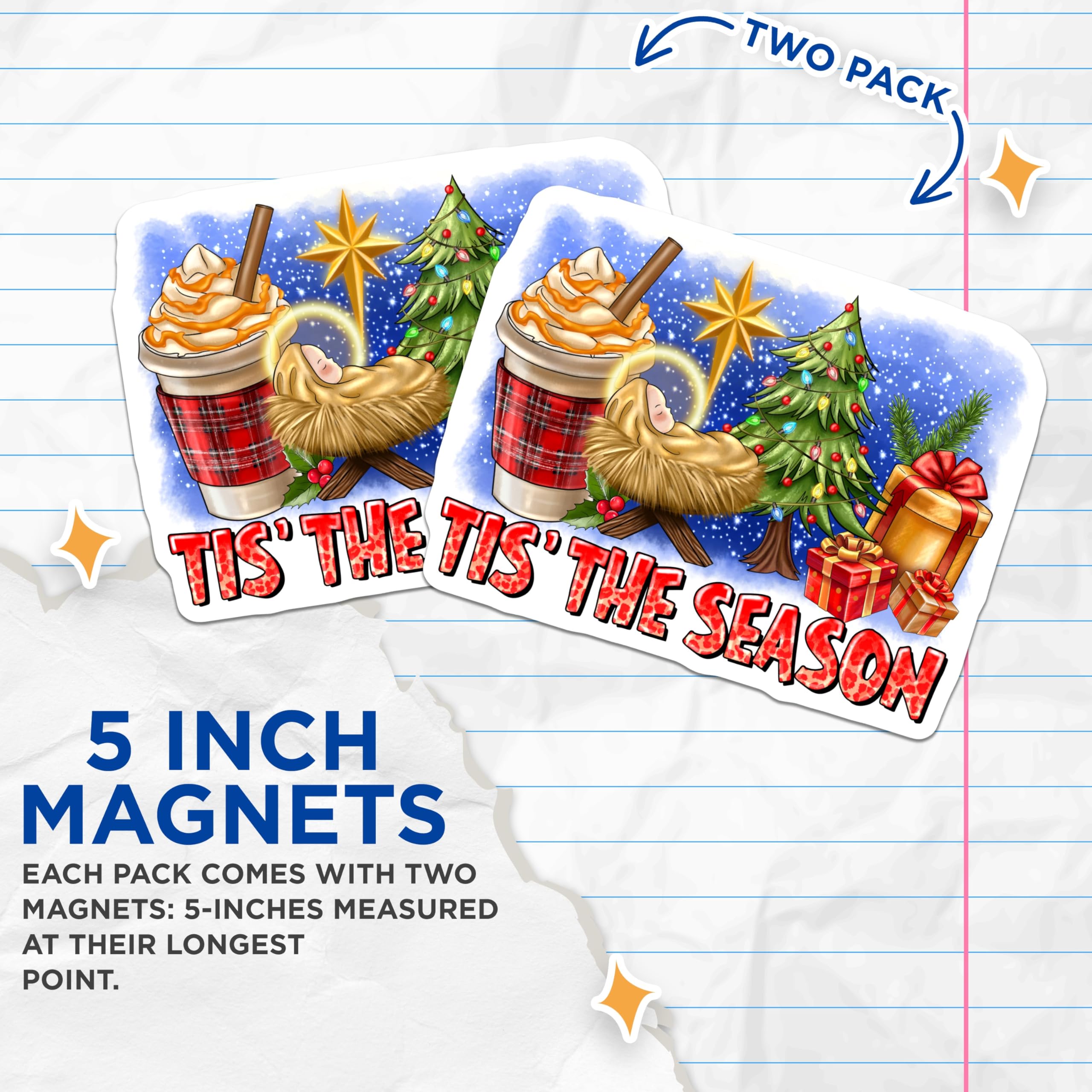(2 Pack) Tis The Season Magnets - Christian Christmas Decor - Holiday Coffee Cozy Scene - 5 Inches On Longest Side - Thick Durable Magnet - Made in USA - MAG26979