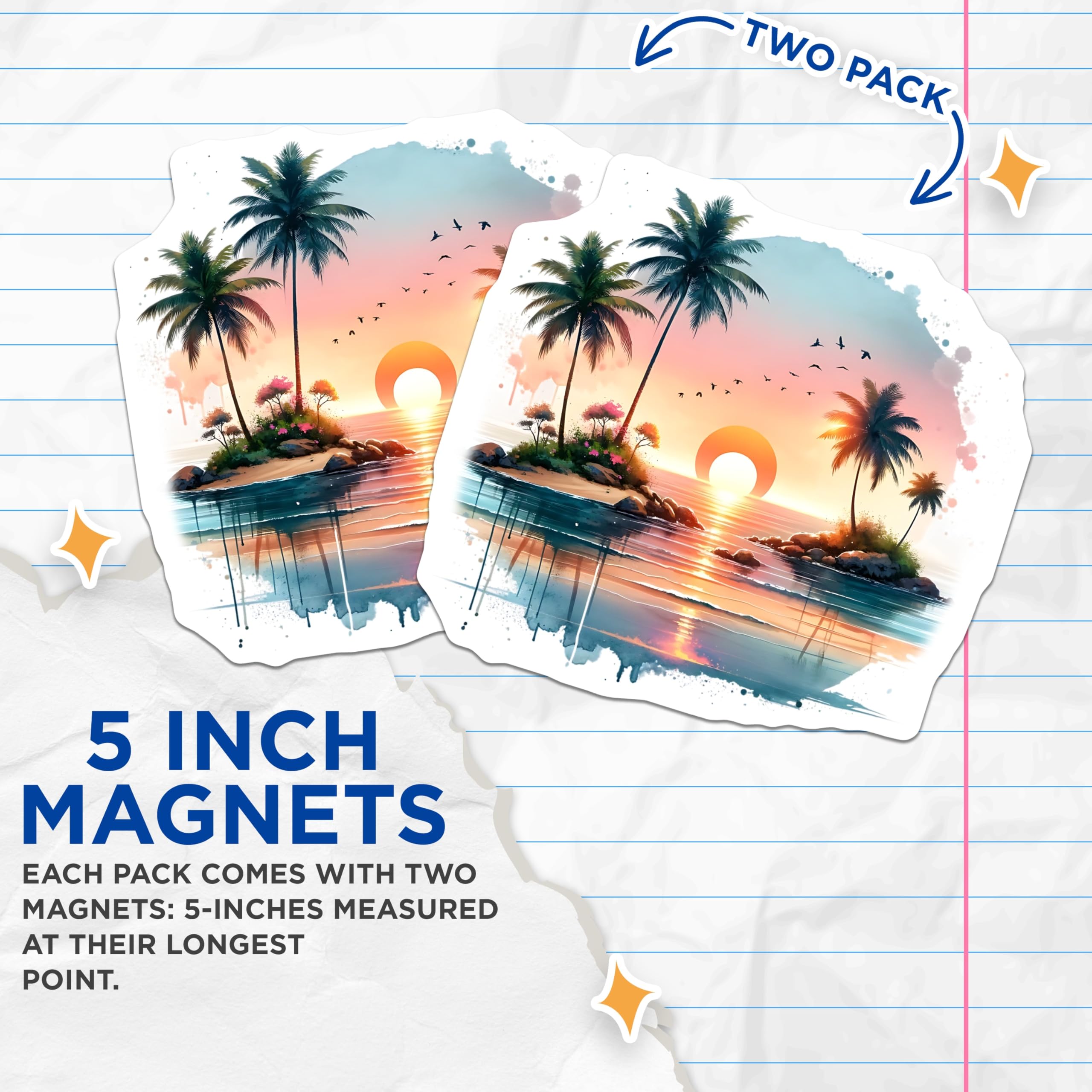 (2 Pack) Sunset Beach Magnets - Tropical Island Decor - Ocean View Fridge Magnets - 5" On Longest Side - Premium Magnet - for Cars, Refrigerators, Toolboxes, Lockers - Made in USA - MAG14448