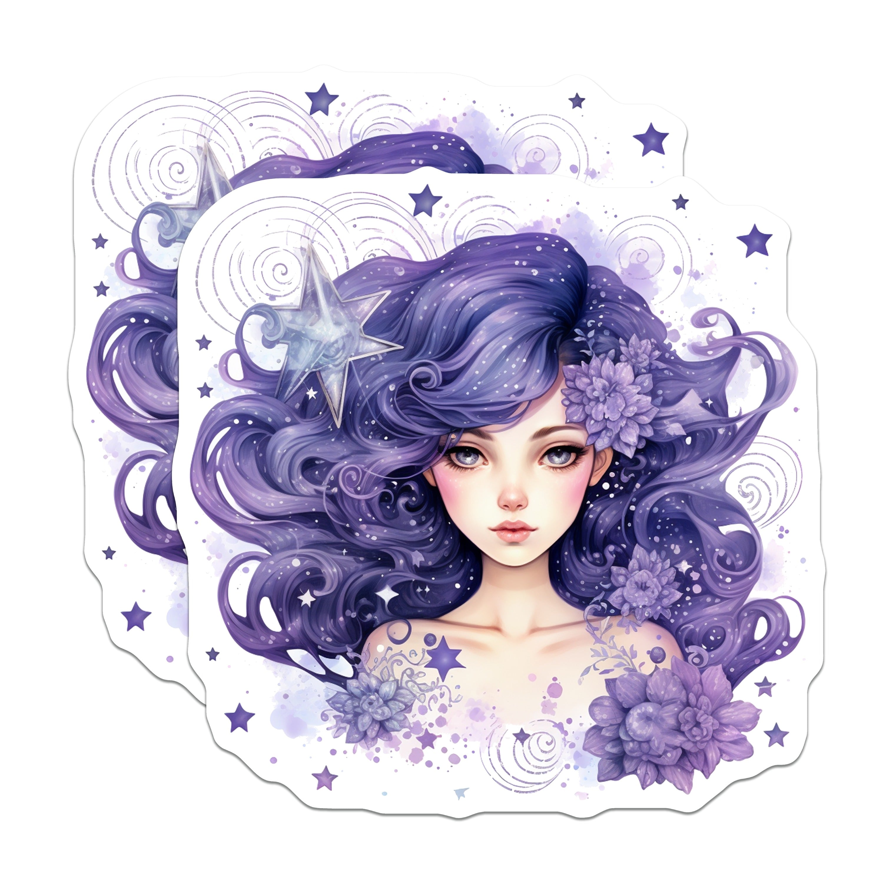 (2 Pack) Purple Hair Fantasy Girl Magnets - Celestial Dreamer Art - Whimsical Aesthetic Decor for Women - 5 Inches On Longest Side - Thick Durable Magnet - Made in USA - MAG36251