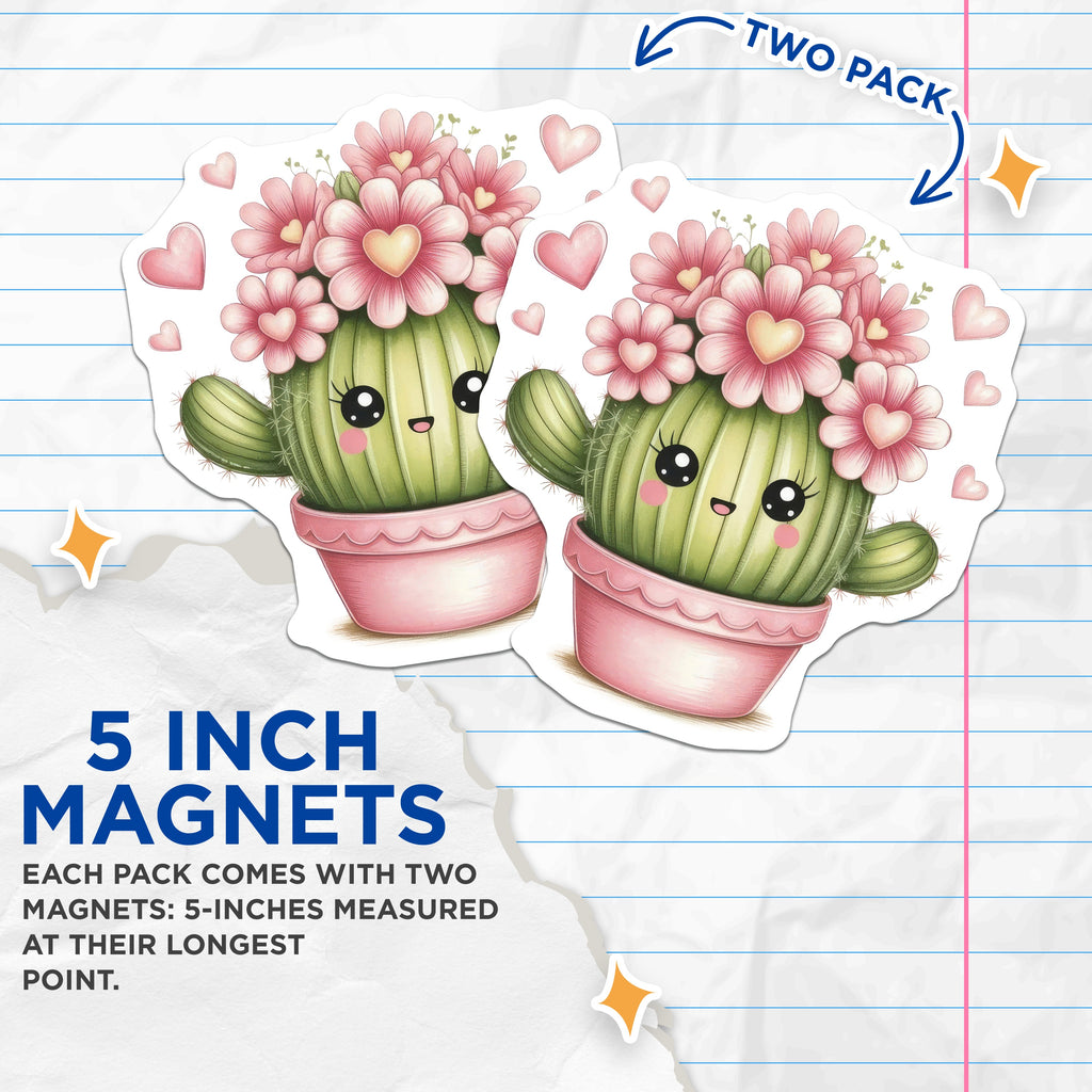 (2 Pack) Kawaii Cactus Magnets - Cute Succulent Plant Fridge Decor - Pink Flower Home Accent - Valentine's Day Locker Art - 5" - Durable Magnet - Made in USA - MAG38997