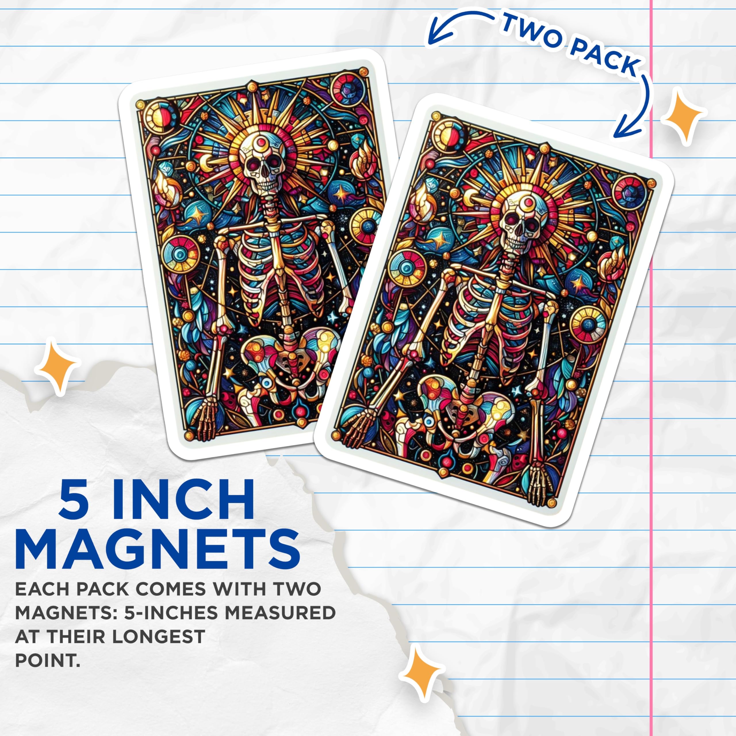 (2 Pack) Stained Glass Skeleton Magnets - Cosmic Skull Art Decor - Vibrant Celestial Gothic Kitchen - 5 Inches On Longest Side - Thick Durable Magnet - Made in USA - MAG22908