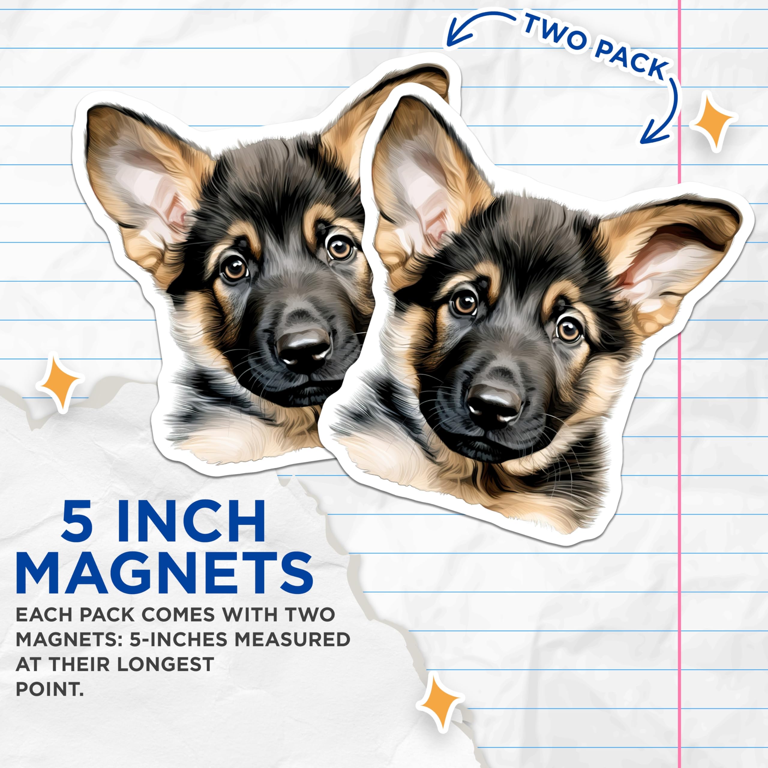 (2 Pack) German Shepherd Puppy Magnets - Dog Lover Refrigerator Decor - Canine Pet Owner Home Accents - 5 Inches On Longest Side - Thick Durable Magnet - Made in USA - MAG30849