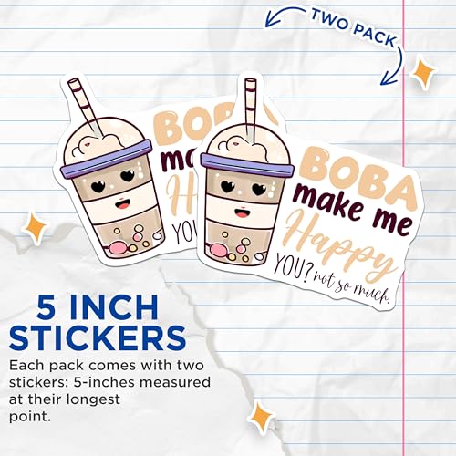 (2 Pack) Boba Make Me Happy Stickers - Cute Boba Tea - Funny Kawaii Boba for Water Bottle - 5" On Longest Side - Sticks to Smooth Flat Surfaces - Made in USA - BMCS7751