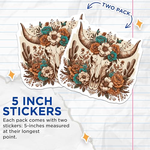 (2 Pack) Western Skull Floral Stickers - Boho Cow Skull Stickers - Floral Skull Decor Stickers - 5" On Longest Side - Sticks to Any Smooth Flat Surface - Made in USA - BMCS3422