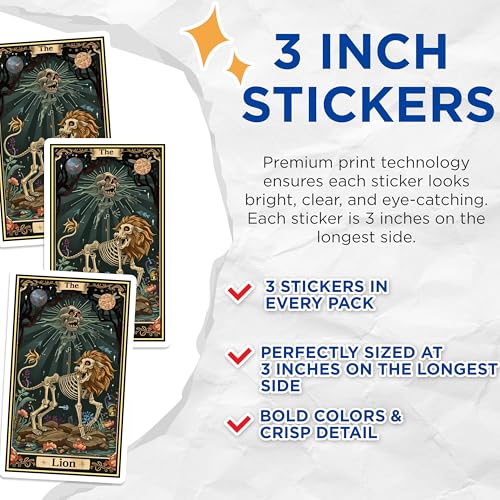 (3 Pack) Lion Tarot Decals - Skeleton Lion Art - Occult Laptop Decor - 3 Inches On Longest Side - Easy Peel & Apply - Made in USA - 3MCS2473