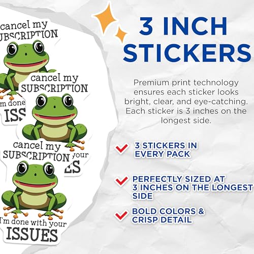 (3 Pack) Funny Frog Decals - Cancel Subscription - Sarcastic Laptop Decal - 3 Inches On Longest Side - Easy Peel & Apply - Made in USA - 3MCS4856