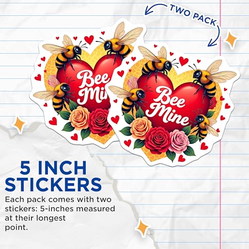 (2 Pack) Valentine's Day Cute Bee Mine Stickers - Floral Heart - Love Bees - 5" On Longest Side - Sticks to Smooth Flat Surfaces - Made in USA - BMCS9859