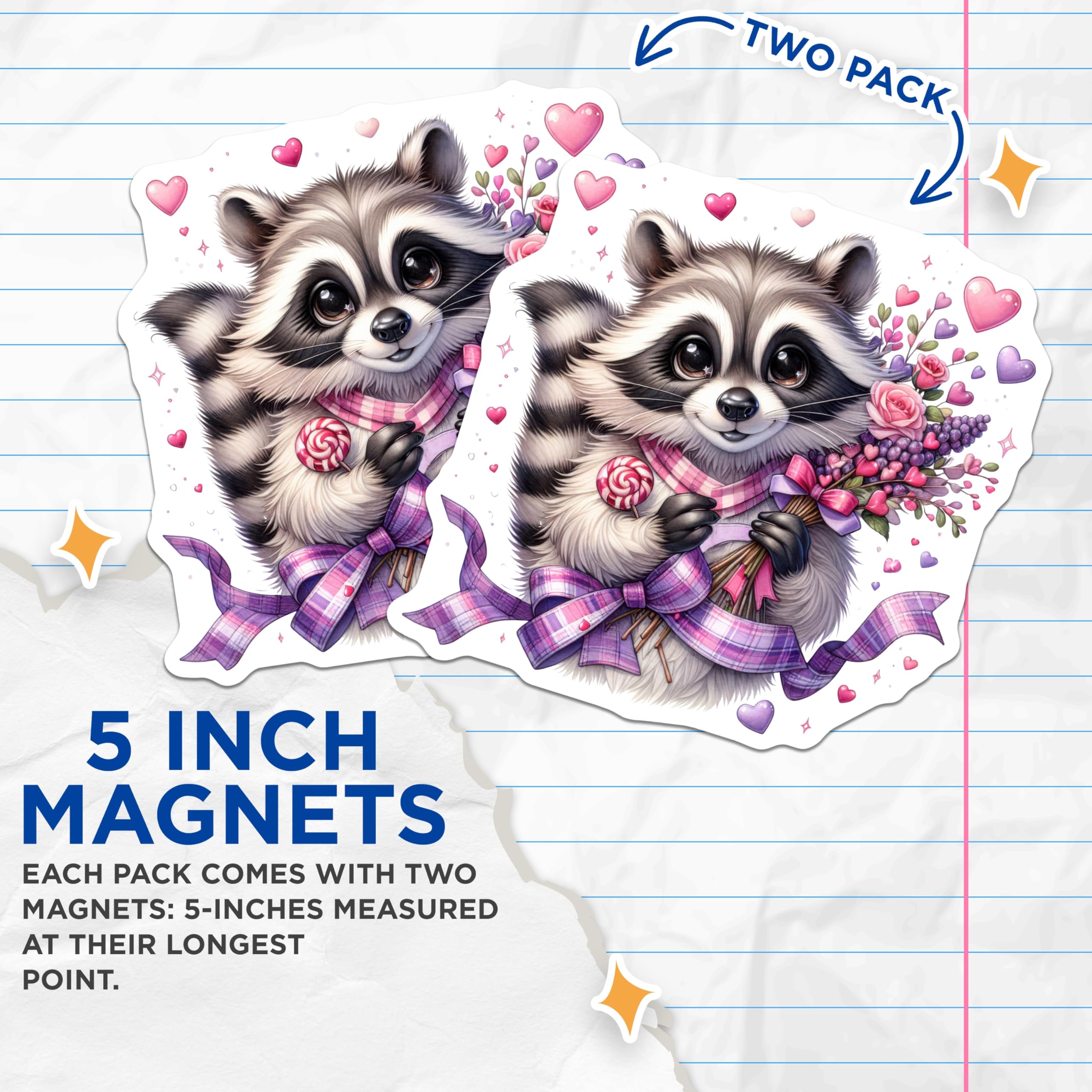 (2 Pack) Charming Raccoon Magnets with Flowers - Sweet Valentine Theme Animal Art - Adorable Love Hearts Whimsical Decor - 5 Inches On Longest Side - Thick Durable Magnet - Made in USA - MAG22711