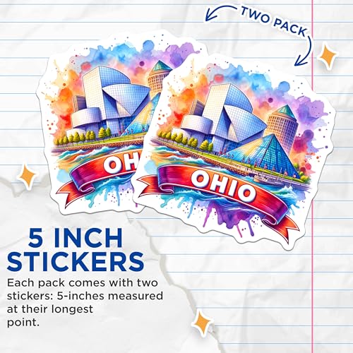 (2 Pack) Ohio Cityscape Stickers - Colorful Ohio Landmark - Watercolor City Art - Travel Souvenir Stickers - 5" On Longest Side - Sticks to Smooth Flat Surfaces - Made in USA - BMCS6488