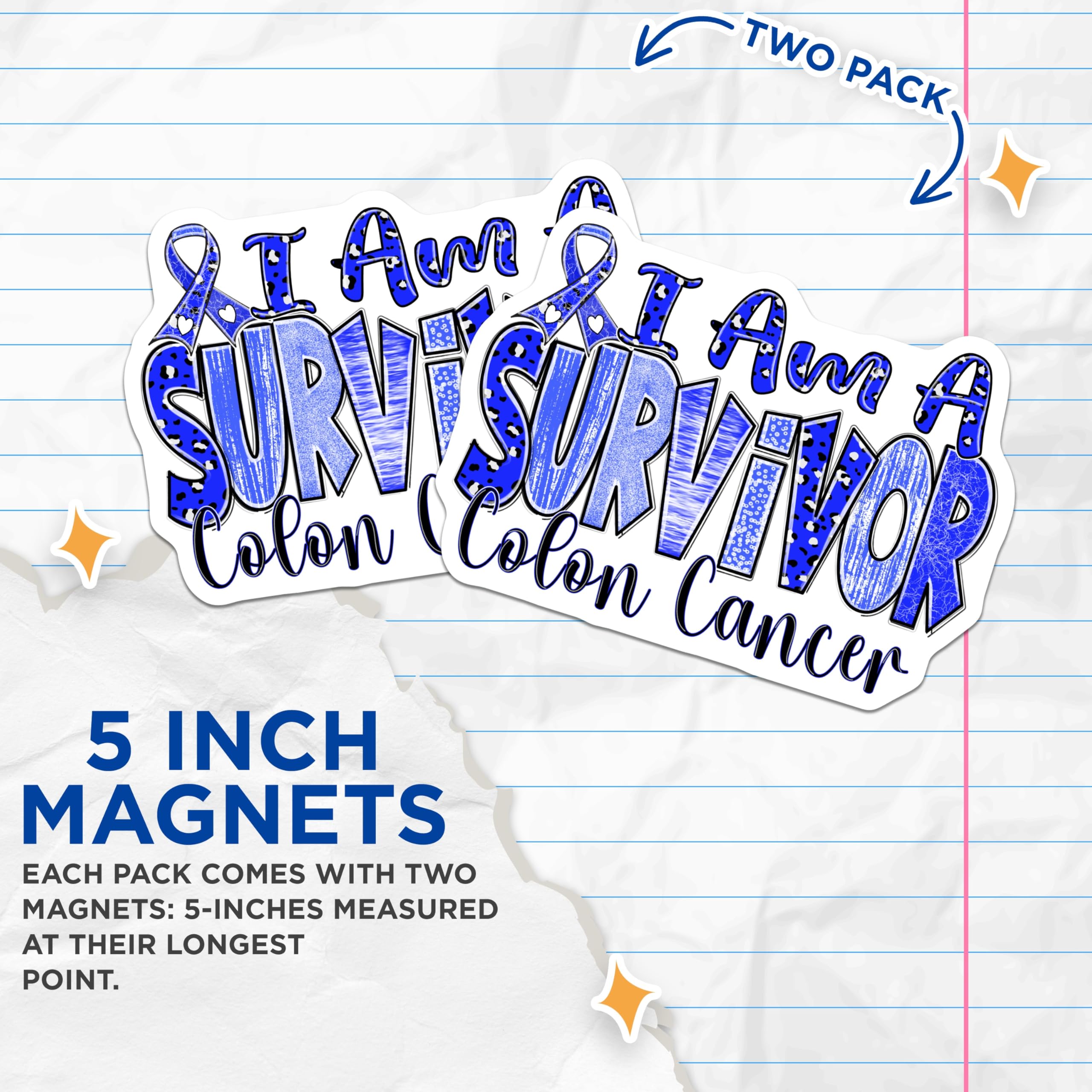 (2 Pack) Colon Cancer Survivor Magnets - Blue Awareness Ribbon Support - Warrior Strength Decor - Disease Fighter Emblem - 5 Inches On Longest Side - Thick Durable Magnet - Made in USA - MAG19026