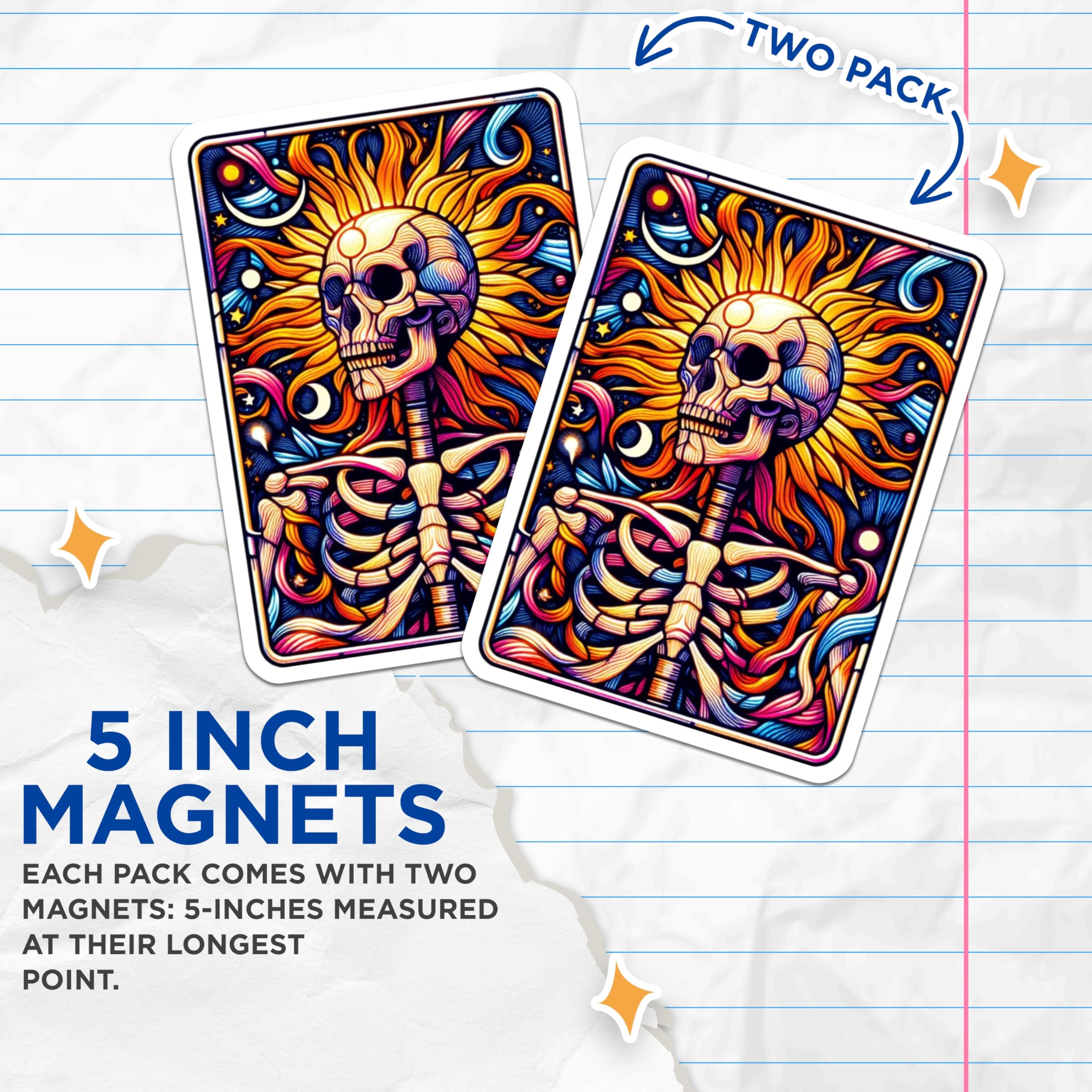 (2 Pack) Psychedelic Skull Magnets - Vibrant Skeleton Art - Celestial Sun Moon Stars Decor - Artistic Fridge Locker Accent - 5 Inches On Longest Side - Thick Durable Magnet - Made in USA - MAG21842
