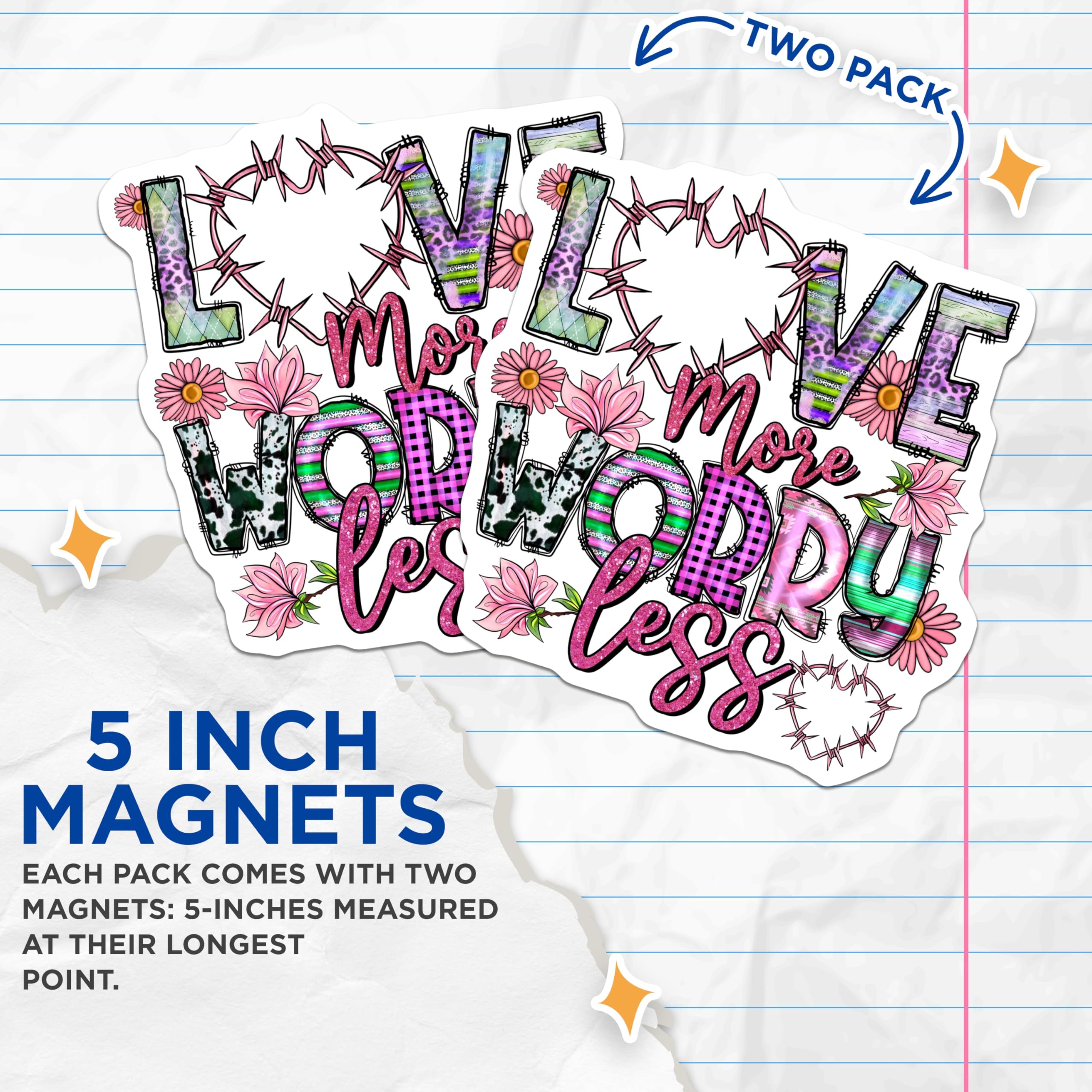 (2 Pack) Love More Worry Less Magnets - Western Boho Decor - Positive Vibe Aesthetic - 5 Inches On Longest Side - Thick Durable Magnet - Made in USA - MAG29253