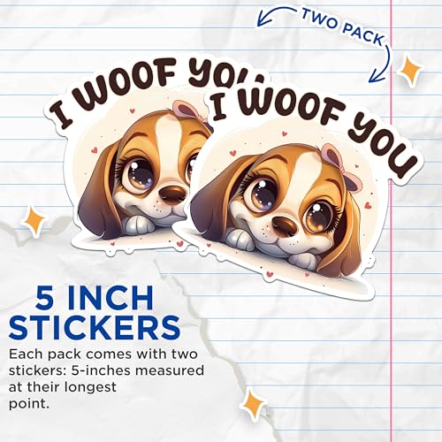 (2 Packs) I Woof You Cute Dog Owner Stickers - Dog Mom Dog Dad Decals - 5 Inches On Longest Side - Premium Vinyl Decal - Sticks to Any Smooth Flat Surface - Made in USA - BMCS2342