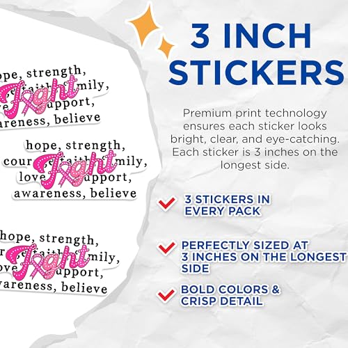 (3 Pack) Breast Cancer Awareness Decals - Fight Ribbon - Laptop Decal - 3 Inches On Longest Side - Easy Peel & Apply - Made in USA - 3MCS0857