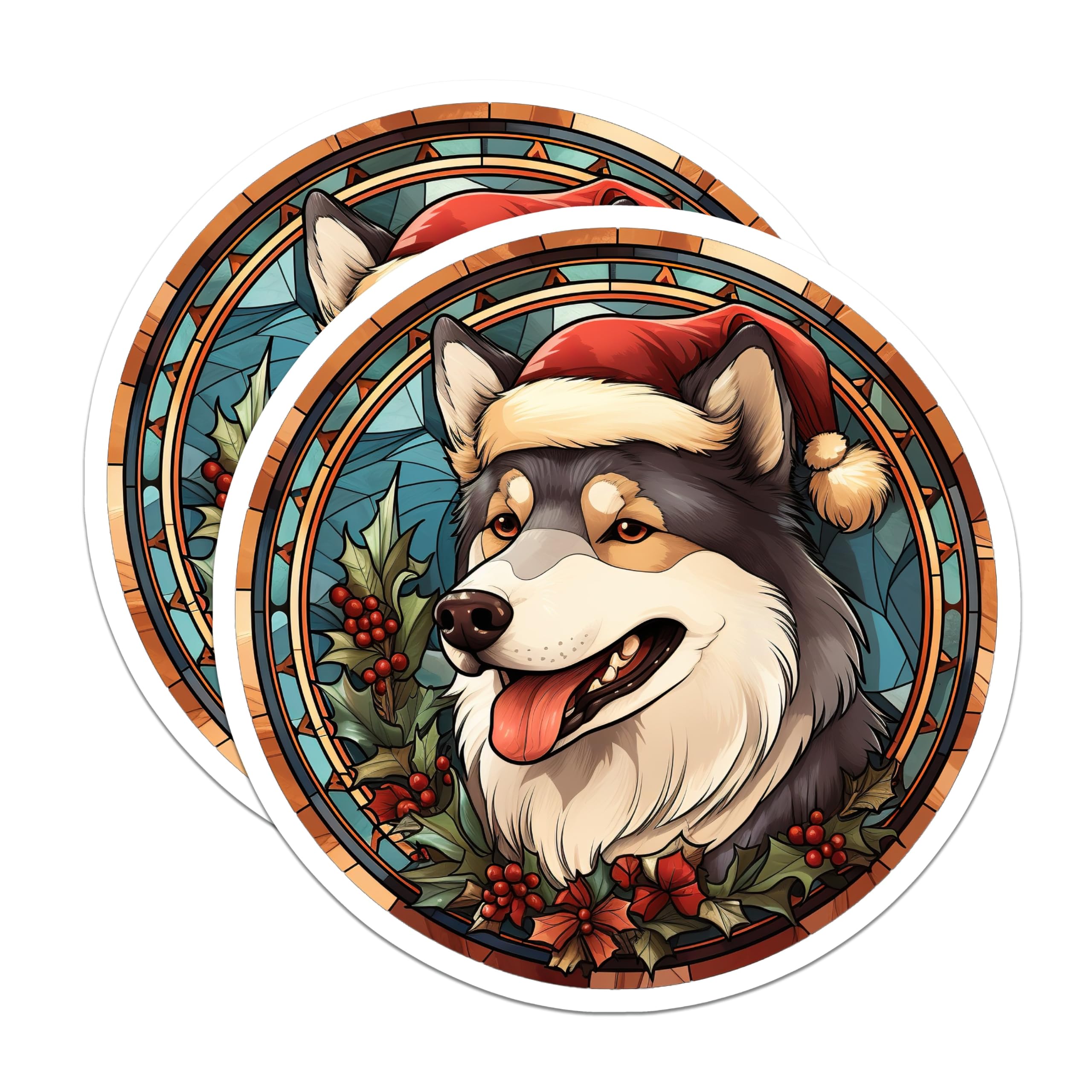 (2 Pack) Christmas Dog Magnets - Festive Husky Stained Glass Decor - Holiday Pet Owner Kitchen Fridge Magnet - 5 Inches On Longest Side - Thick Durable Magnet - Made in USA - MAG25616