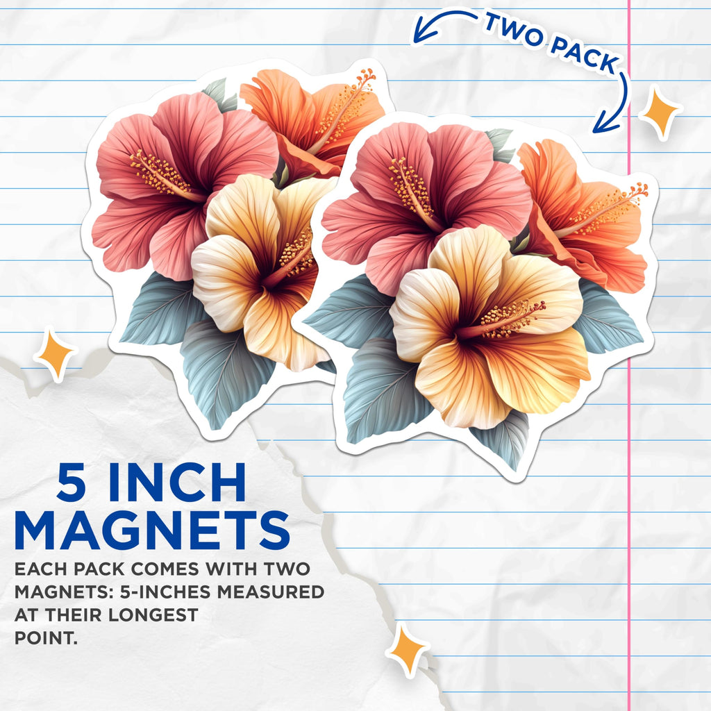 (2 Pack) Hibiscus Flower Magnets - Tropical Floral Decor - Summer Kitchen Fridge Locker Botanical Magnets - 5 Inches On Longest Side - Thick Durable Magnet - Made in USA - MAG23903