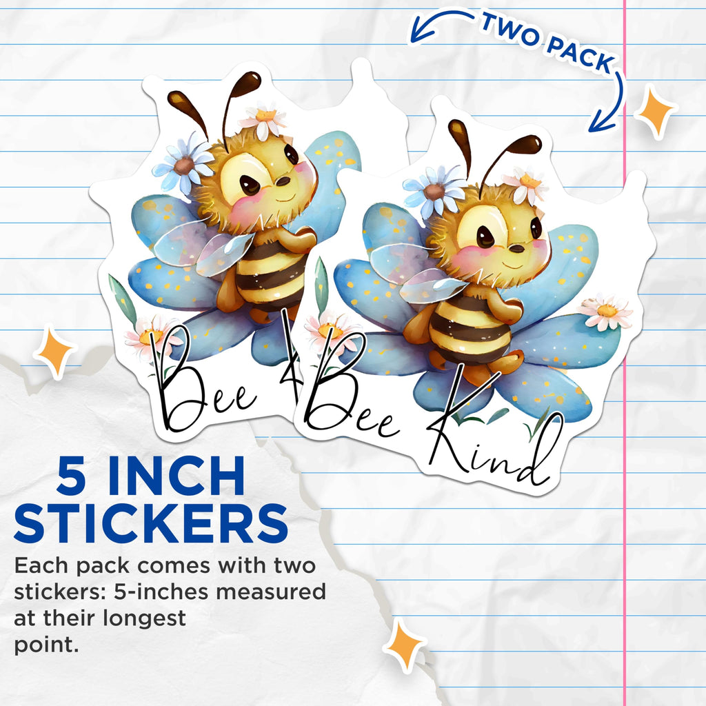 (2 Pack) Bee Kind Stickers - Cute Bumble Bee - Flower Stickers- 5" On Longest Side - Sticks to Smooth Flat Surfaces - Made in USA - BMCS16746
