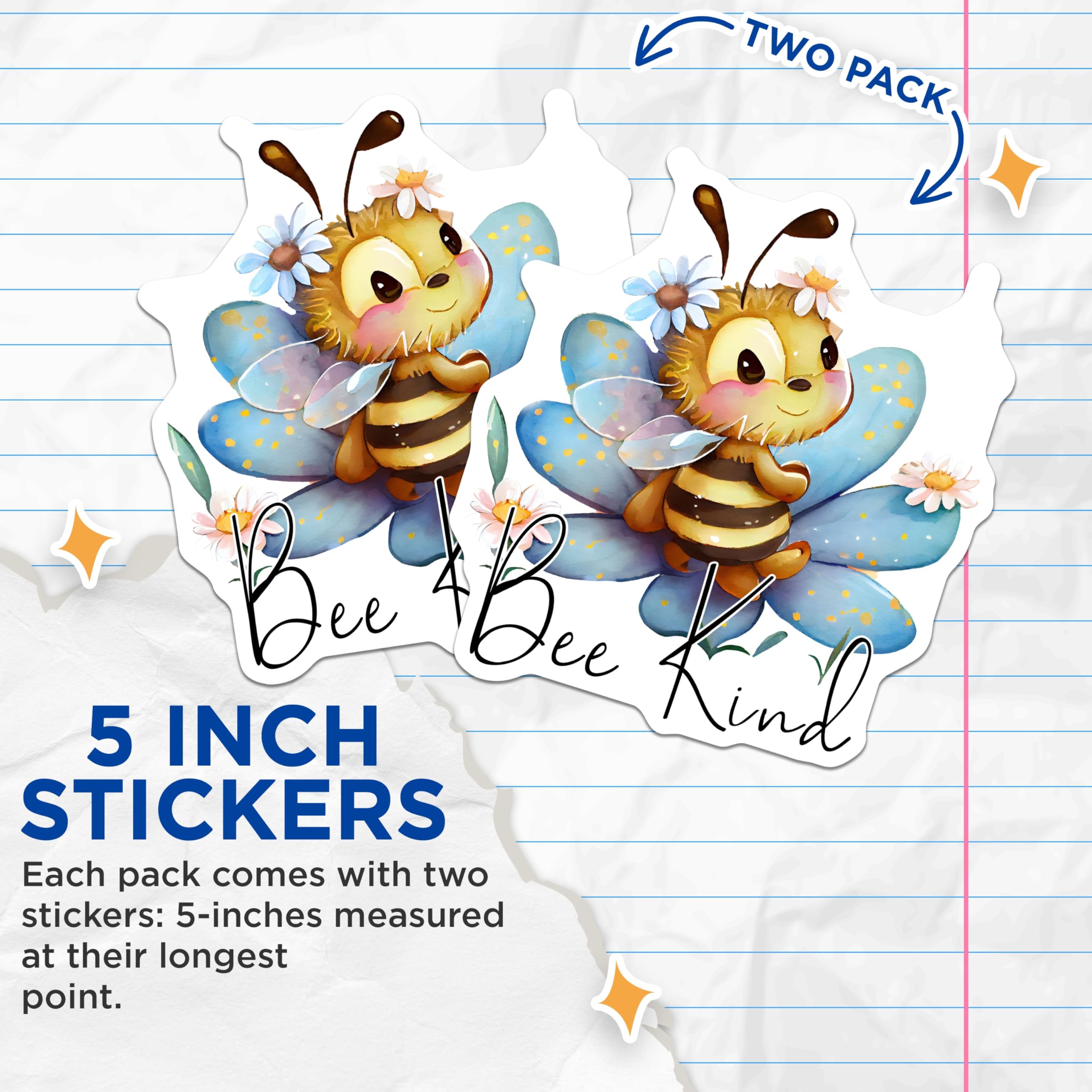 (2 Pack) Bee Kind Stickers - Cute Bumble Bee - Flower Stickers- 5" On Longest Side - Sticks to Smooth Flat Surfaces - Made in USA - BMCS16746