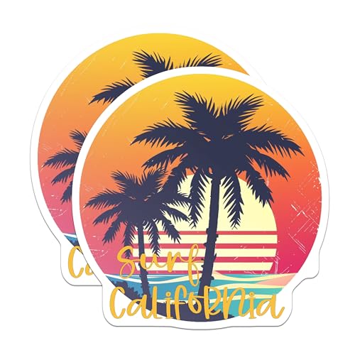(2 Pack) Surf California Stickers - Palm Tree Sunset Stickers - Summer Beach Vacation Stickers - 5" On Longest Side - Sticks to Smooth Flat Surfaces - Made in USA - BMCS4320