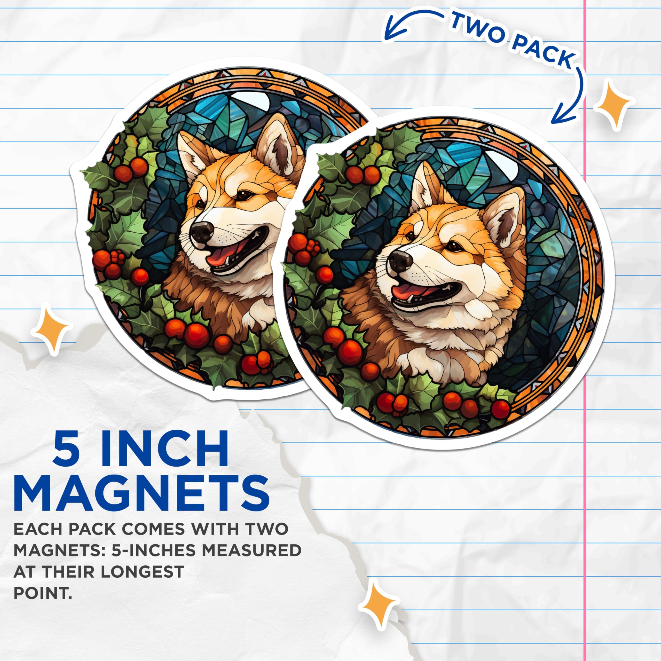 (2 Pack) Shiba Inu Magnets - Stained Glass Dog Art - Christmas Pet Decor - 5 Inches On Longest Side - Thick Durable Magnet - Made in USA - MAG29336