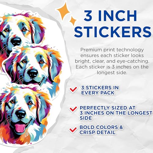 (3 Pack) Colorful Dog Decals - Modern Art Decal - Golden Retriever Decal - 3 Inches On Longest Side - Easy Peel & Apply - Made in USA - 3MCS0744