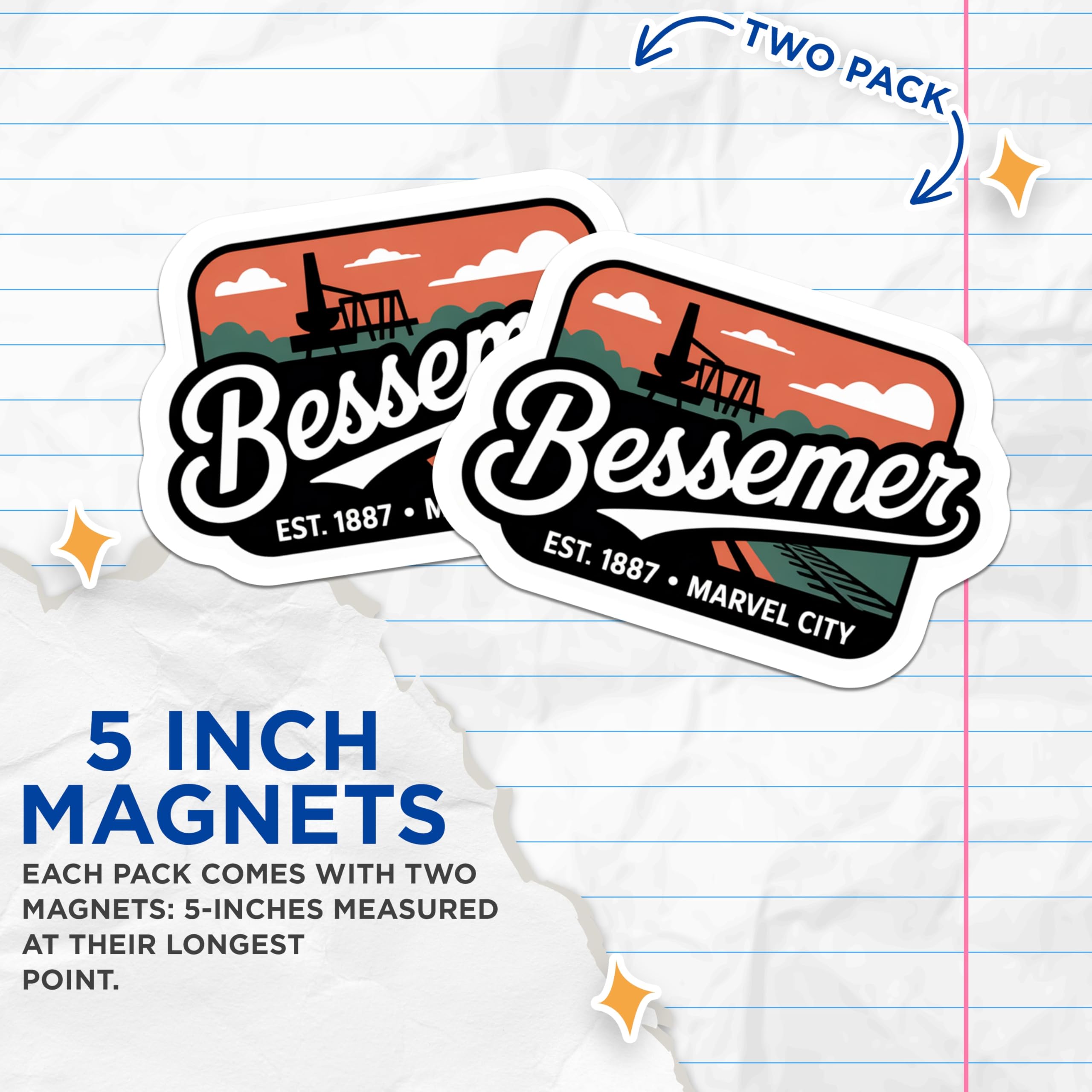 (2 Pack) Bessemer Alabama Magnets - Marvel City - Hometown Decor - 5" On Longest Side - Premium Magnet - for Cars, Refrigerators, Toolboxes, Lockers - Made in USA - MAG17307