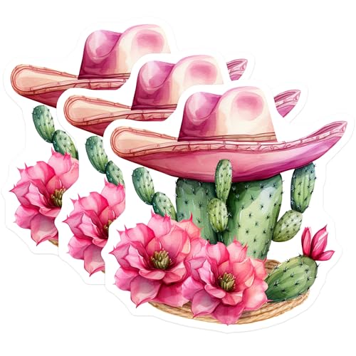 (3 Pack) Cactus with Hat Decals - Desert Flower Art - Pink Cowboy Hat Stickers - 3 Inches On Longest Side - Easy Peel & Apply - Made in USA - 3MCS2166
