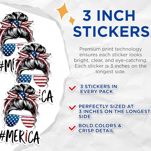 (3 Pack) Messy Bun American Flag Decals - Patriotic Woman Decals - USA Pride Decals - 3 Inches On Longest Side - Easy Peel & Apply - Made in USA - 3MCS0602