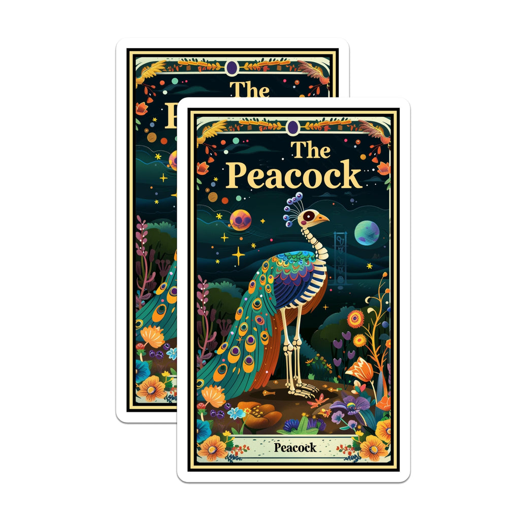 (2 Pack) The Peacock Skeleton Stickers - Halloween Bird Stickers - Ornate Skull Stickers - 5" On Longest Side - Sticks to Smooth Flat Surfaces - Made in USA - BMCS3630