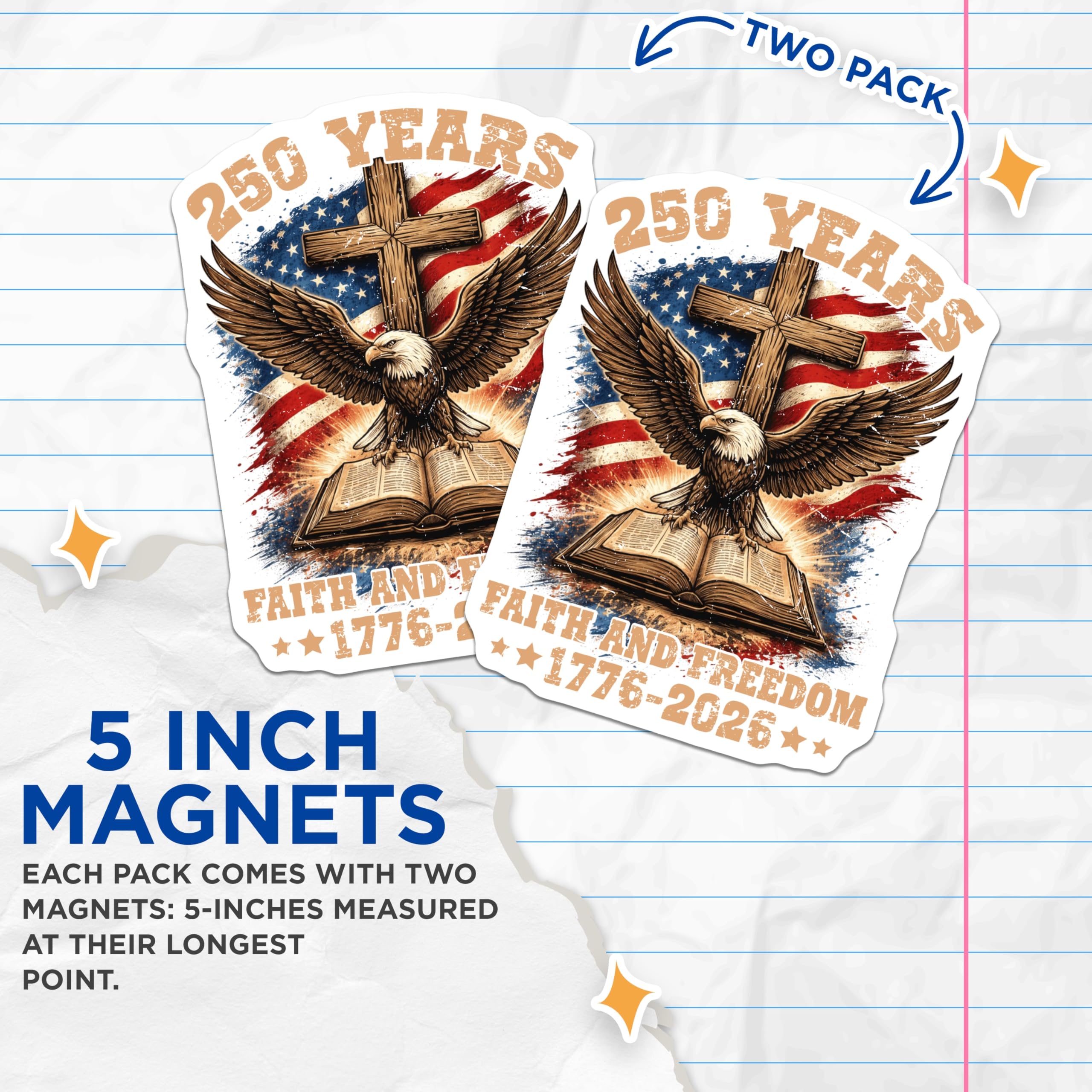(2 Pack) 250 Years Faith Freedom Magnets - American Patriot Eagle - 1776-2026 Christian Display - 5 Inches On Longest Side - Thick Durable Magnet - Made in USA - MAG21009