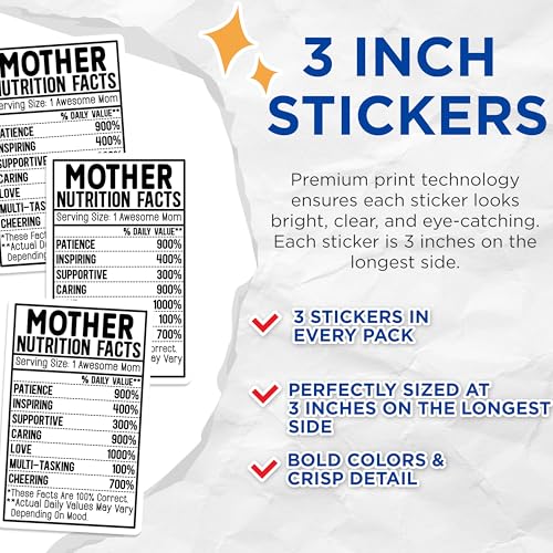 (3 Pack) Mother Nutrition Facts Decals - Mom Decal - Awesome Mom Decal - 3 Inches On Longest Side - Easy Peel & Apply - Made in USA - 3MCS2913