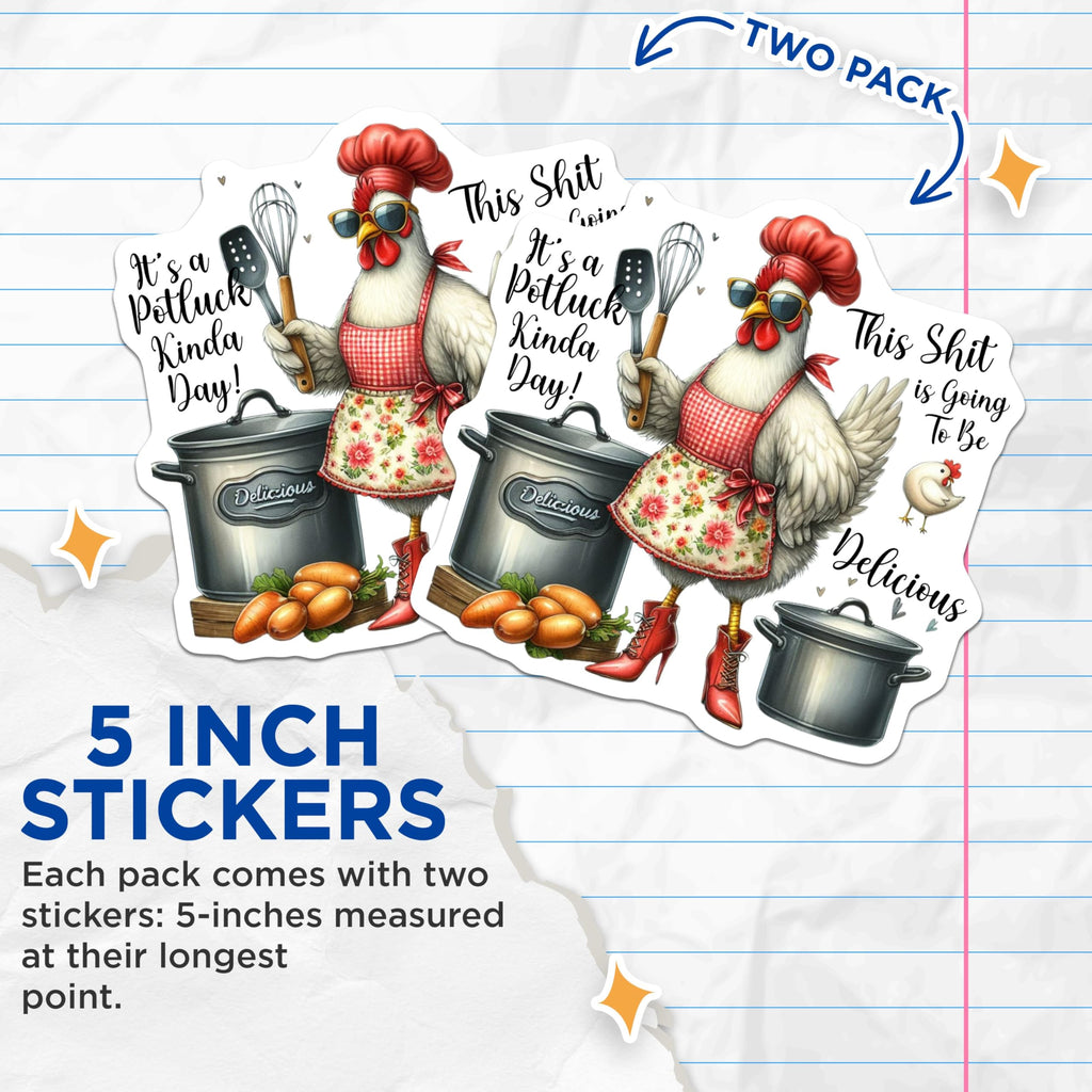 (2 Pack) Funny Chef Chicken Stickers - Quirky Potluck Stickers - Humorous Kitchen Stickers - 5" On Longest Side - Sticks to Smooth Flat Surfaces - Made in USA - BMCS4506