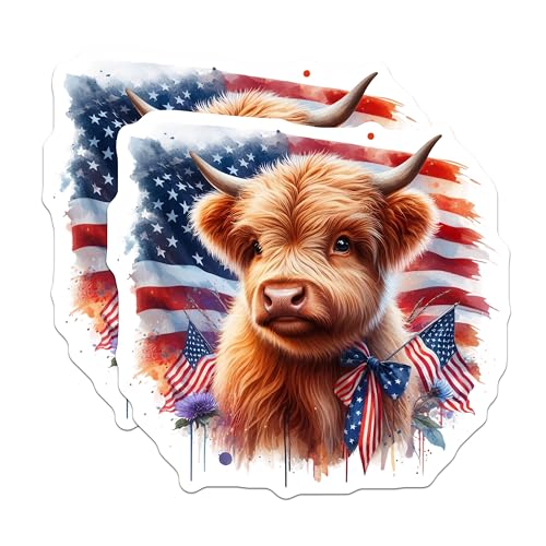 (2 Pack) Highland Cow Stickers - American Flag Stickers - Cute Animal Stickers - 5" On Longest Side - Sticks to Smooth Flat Surfaces - Made in USA - BMCS6363